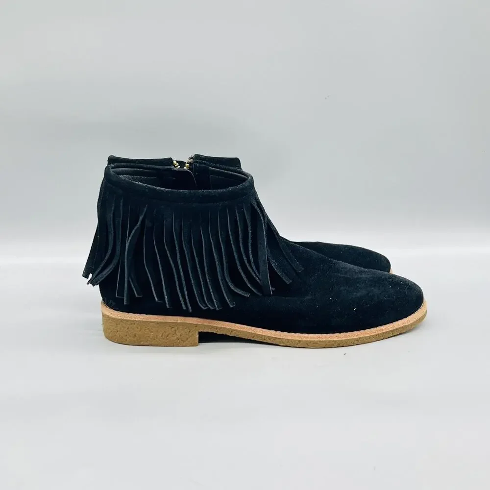 Kate Spade Boots Womens 10 Black Suede Fringe Ankle Low Heel Booties Shoes